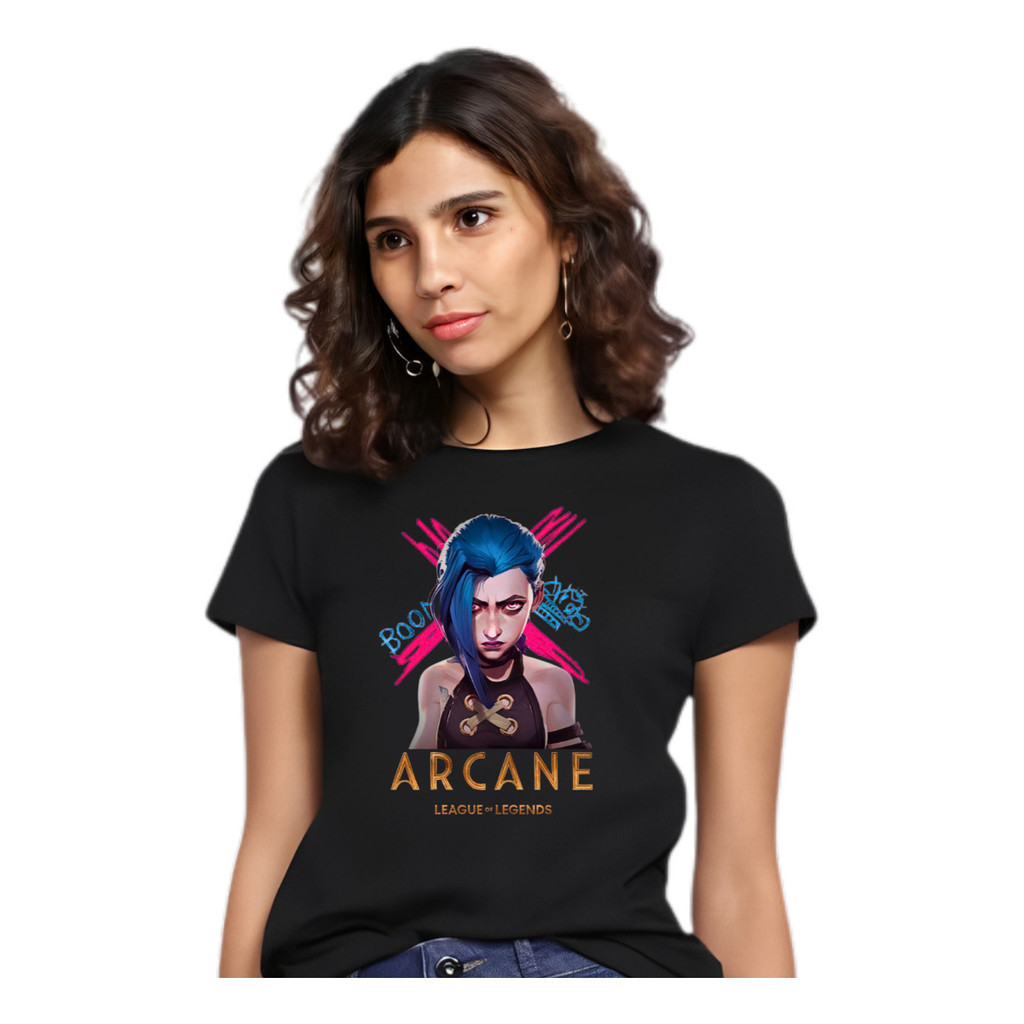 Camiseta Arcane Jinx X Lol League Of Legends Lol Premium Blusa Camisa Casual Unissex Feminino Masculino 100% Algodão