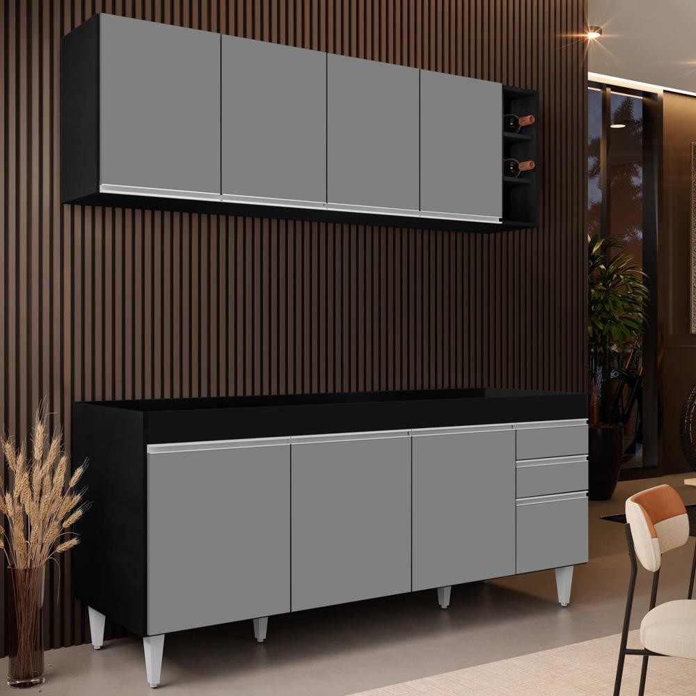 Armário Nevada e Balcão para Pia 180cm Dallas Preto/Cinza - Lumil em Oferta na Shopee