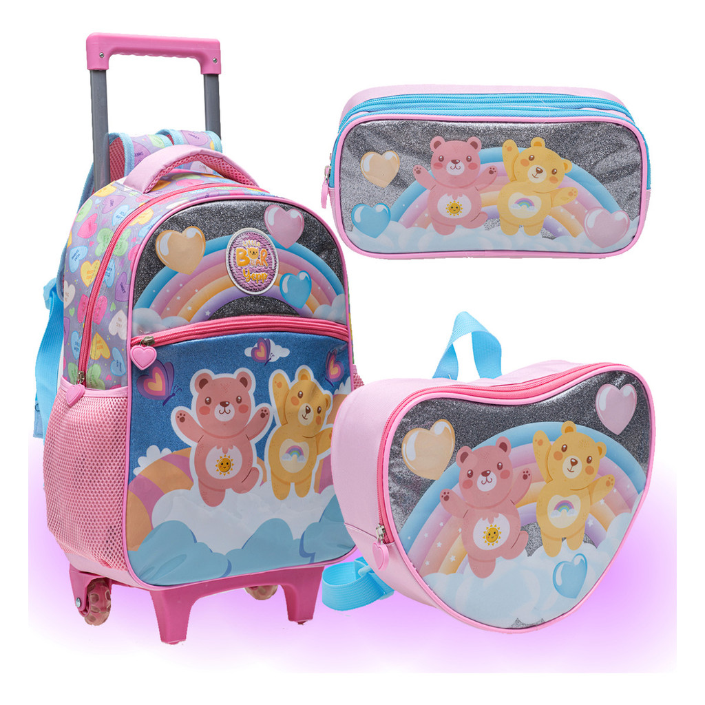 Kit Mochila Rodinha Infantil Feminino Lancheira Estojo Duplo