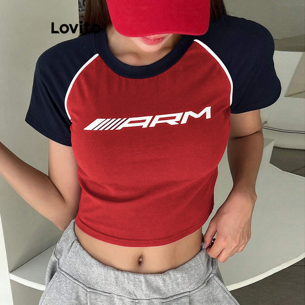 Lovito Camiseta Casual Com Letras Colorblock Para Mulheres L86ED250 - Women Clothes
