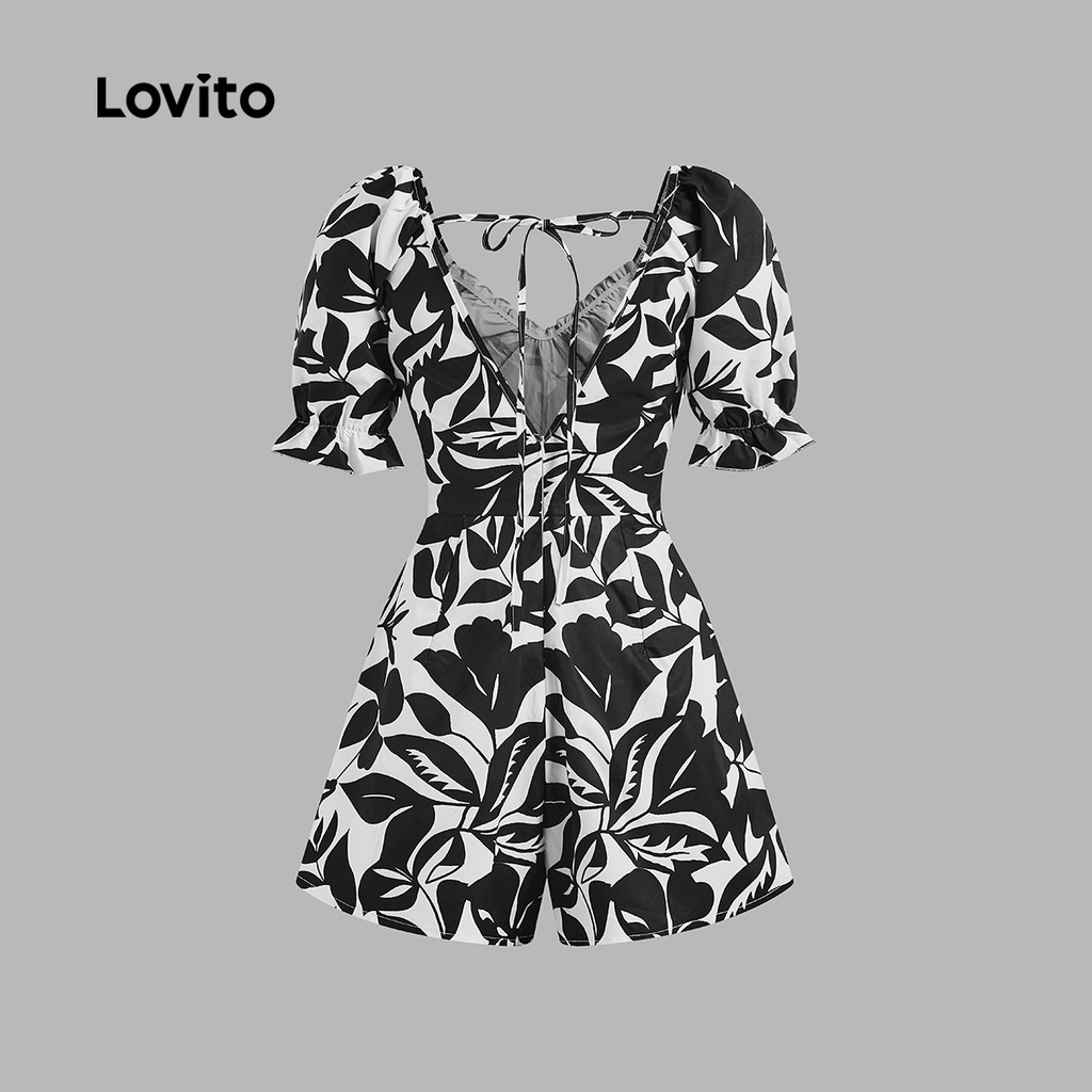Detalhes do Lovito Macacão Feminino Boho Estampa Floral Abertura Zíper L123ED173