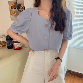 Lovito Blusa com Mangas Bufantes e Botões para Mulheres LNA09197 (Azul Claro)