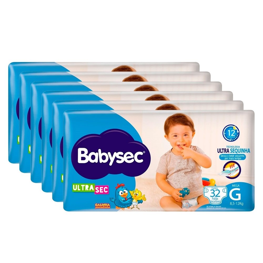 Fralda Descartável Babysec Galinha Pintadinha Ultra Mega Tamanho G - 6 Pacotes com 32 Fraldas - Total 192 Tiras em Oferta na Shopee