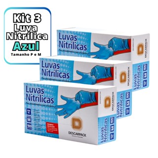Kit 300 unidades Luva Nitrilica Descartável Azul Procedimento Caixa C/100 Unidades Descarpack