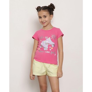 Blusa Infantil Manga Curta Estampa Patins Glitter Rosa