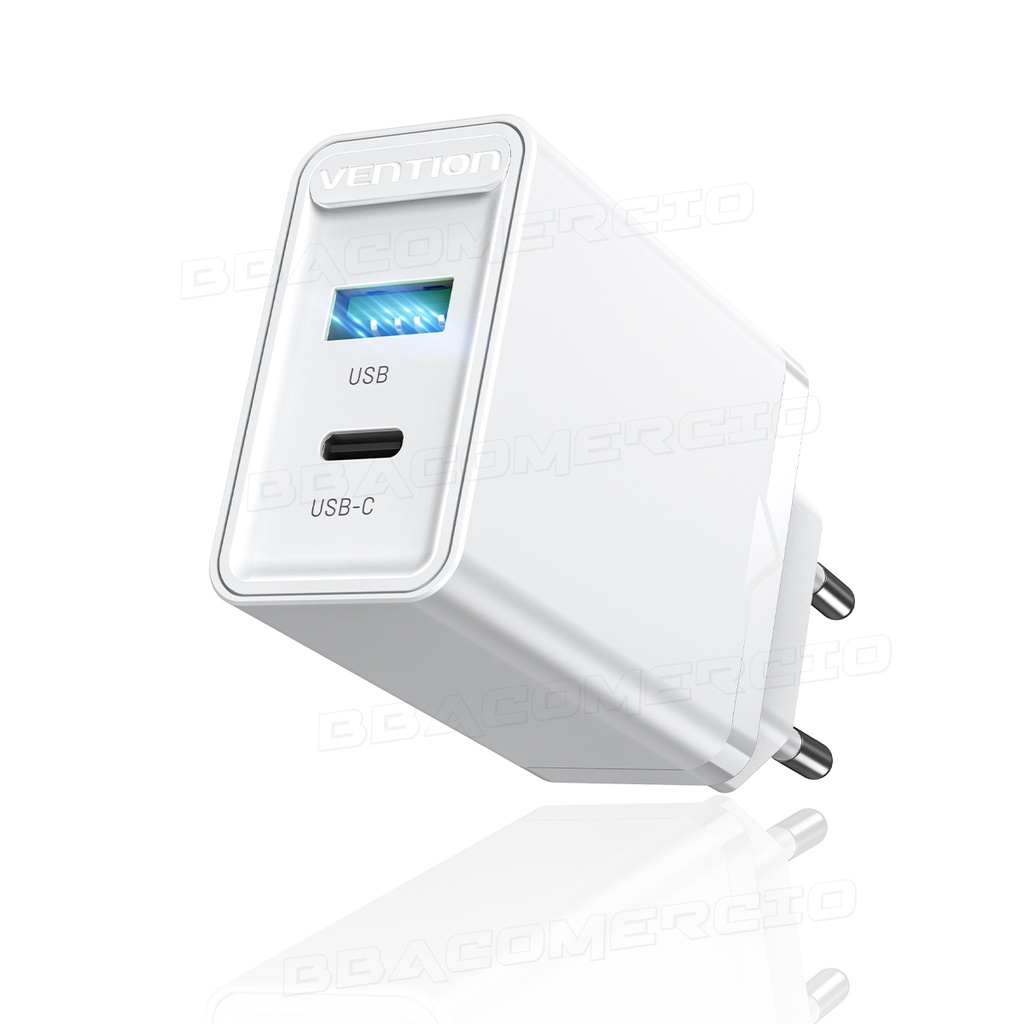Carregador Rápido Turbo 20w Qc 3.0 Saída Usb-C+Usb A Vention