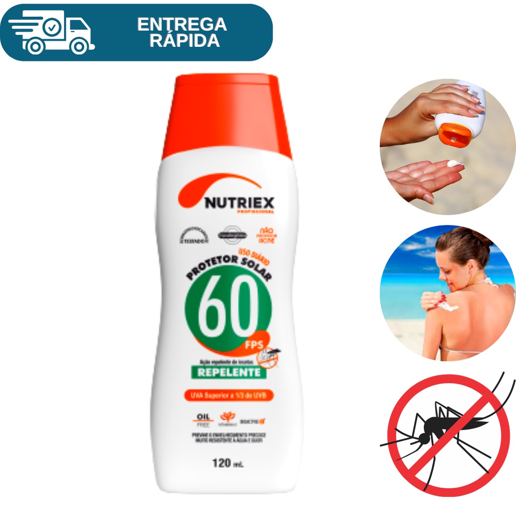 Protetor Solar Fps 60 Com Ação Repelente 120ml Nutriex 1/3 UVA UVB Bloqueador Solar Fator 60 Creme