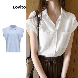 Lovito Casual Blusa Feminina Listrada com Botão Frontal Básica L62ED010 (Branca/Azul)