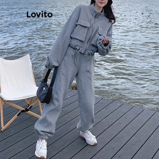 Lovito Casual Conjunto Feminino Liso de Calça com Bolso LNA24184 (Cinza Claro)