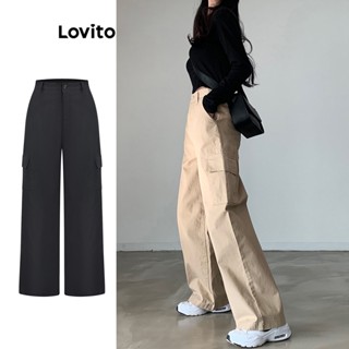 Lovito Casual Calça Feminina Lisa Cargo com Bolso L71ED108 (Preto/Damasco)
