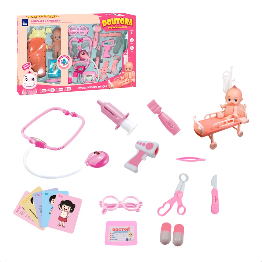 Brinquedo Infantil Kit Médica Rosa com Mini Paciente Bebê Maca Estetoscópio Acessórios Faz de Conta - Fenix em Oferta na Shopee