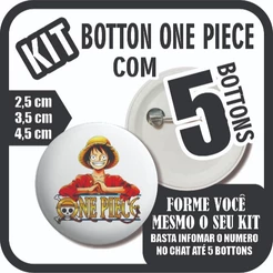 KIT 5 Botton One Piece Anime Desenho Manga Pin 3,5 cm 4,5 cm