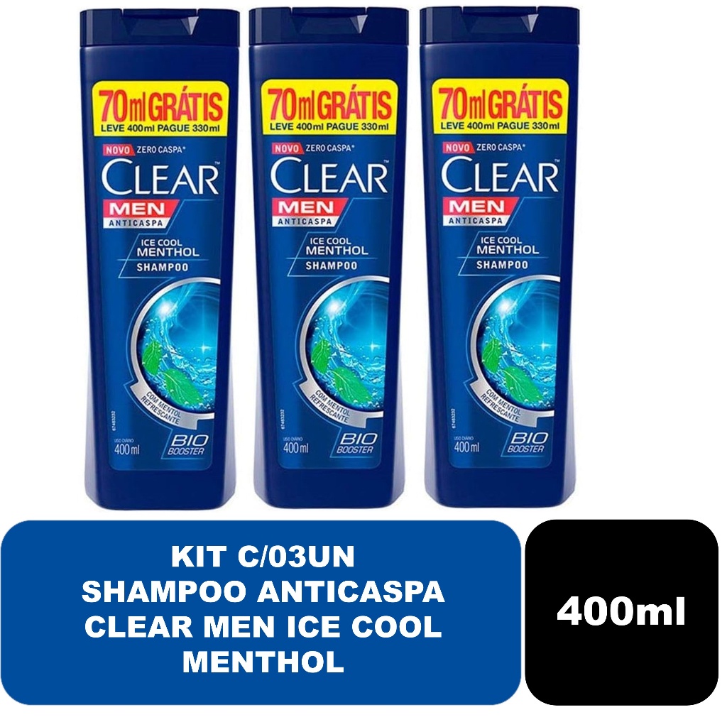 Kit com 03un Shampoo Anticaspa Clear Men Ice Cool Menthol 400ml