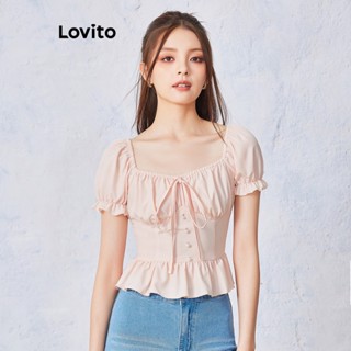 Lovito Blusa com Laço e Pérolas na Frente Lisa e Fofa para Mulheres L55AD029 (Rosa Claro)