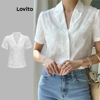 Lovito Elegante Lisa Blusa Feminina Embelezada com Bordado com Orifícios e Botão L65ED022 (Branca)