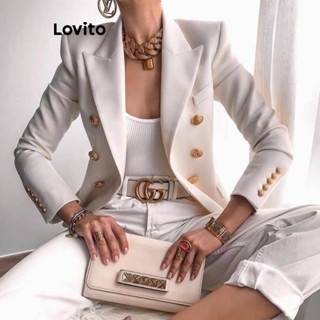 Lovito Elegante Blazer Feminino Liso com Botão Duplo e Bolso Falso LNE31191 (Off White/Preto)