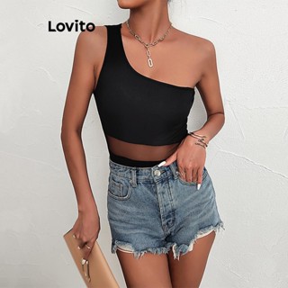 Lovito Elegante Body Feminino Liso Assimétrico com Costura no Tecido LNL39119 (Preto)