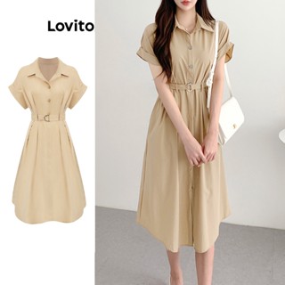 Lovito Elegante Vestido Feminino Liso com Cinto e Botão Frontal L74ED168