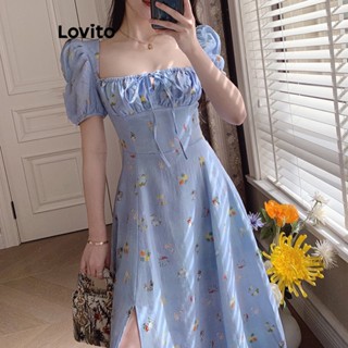 Lovito Vestido Casual Ditsy Floral Padrão Com Cordão Para Mulheres LNA37041 (Azul)