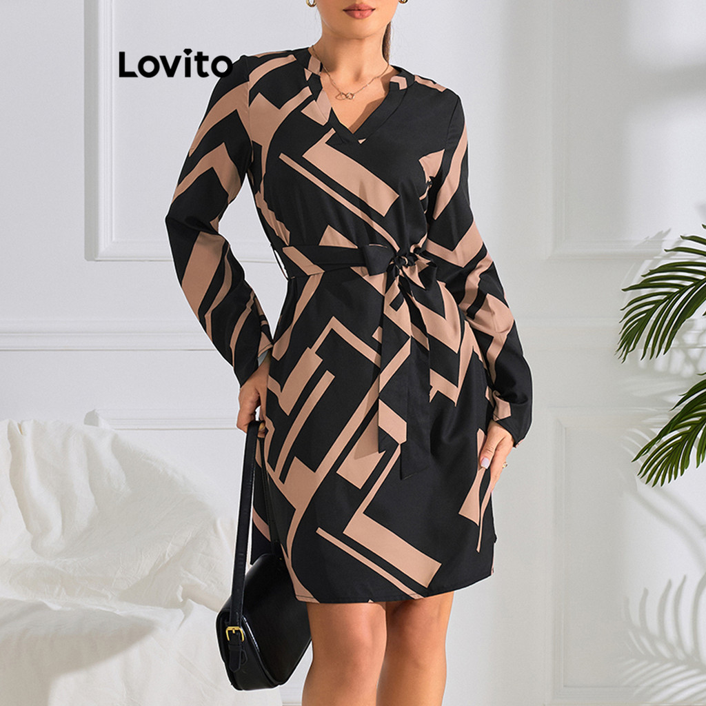 Detalhes do (Trendy) Lovito Vestido Casual Vestido Geométrico Com Cadarço Para Mulheres LBL11133 (Multicolorido)