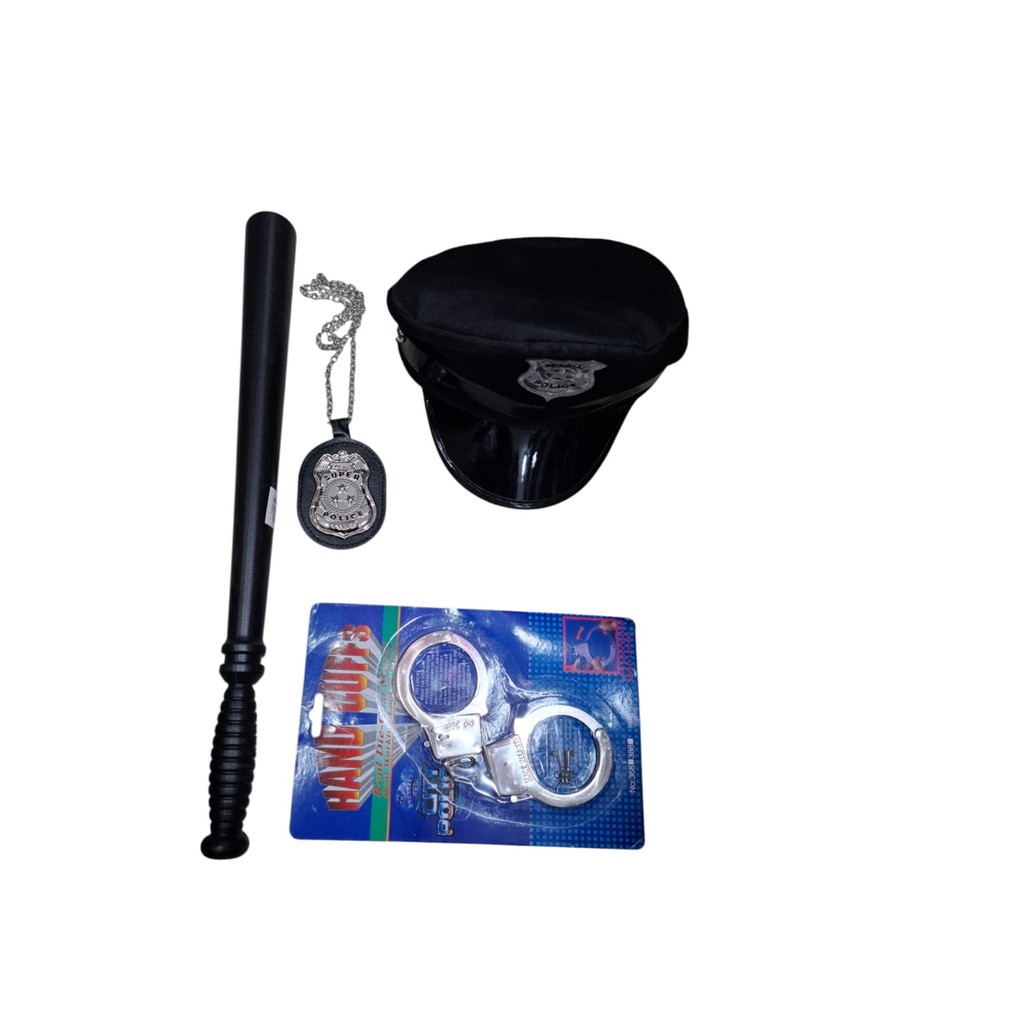 Kit Acessório de Fantasia Policial  CASSETETE+ DISTINTIVO + ALGEMA +CHAPEU / BONE pra carnaval e halloween em Oferta na Shopee