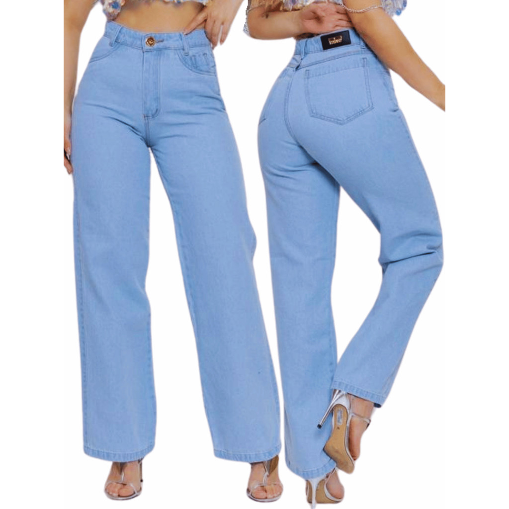 Calça Jeans Feminina Wide Leg Pantalona Cintura Alta Cristal Lisa Com Bolso Lateral