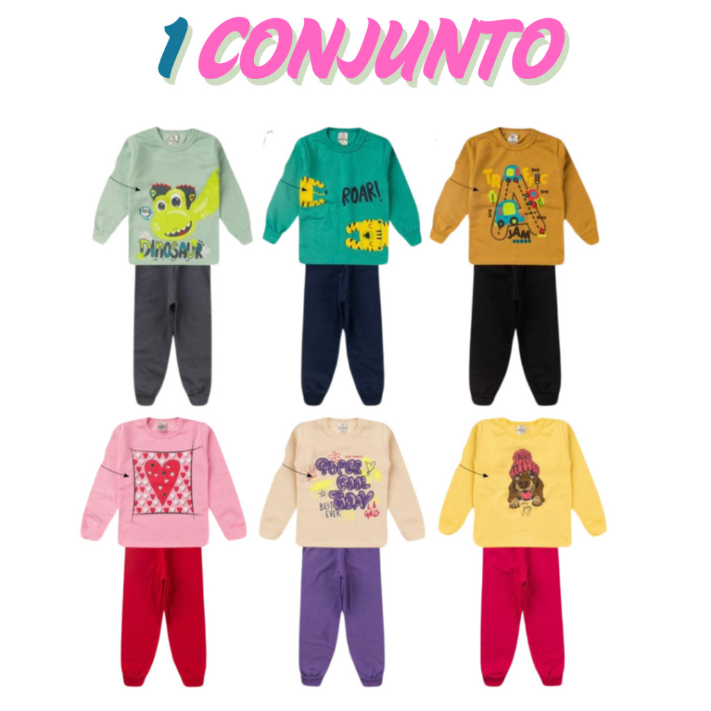 Kit 2 Peças Conjunto Moletom Peluciado Infantil 1 Casacos + 1 Calças de Moletom Menino e Menina