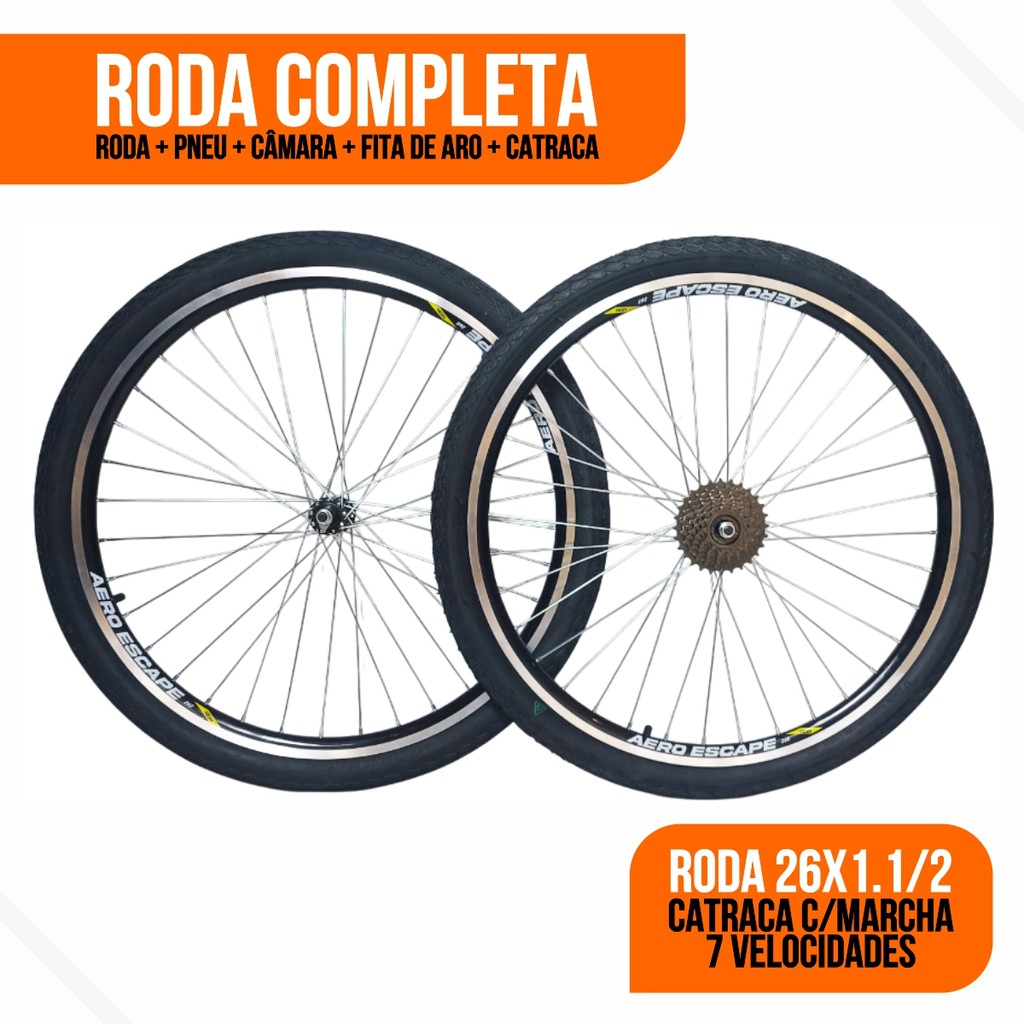 Roda Completa 26x1.1/2 Raio Fino/Cubo Aço Aero Vzan C/ Pneus Fusion/Kenda e Camara Kenda + Catraca