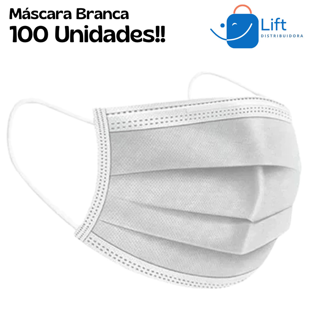 Kit 100 Máscaras Descartaveis Branca Com cilpe Nasal Adulto