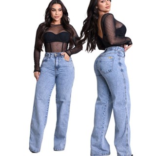 Calça Wide Lag Jeans Feminina Pantalona 100% Algodão Elegante Universitaria Cintura Alta em Oferta na Shopee