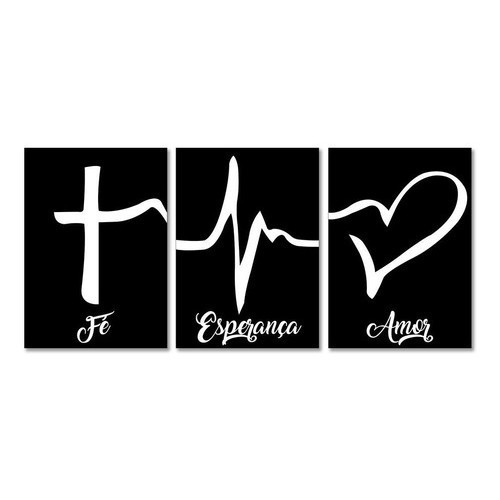 Kit 3 placas Quadros Decorativos Fé Esperança Amor Sala Quarto