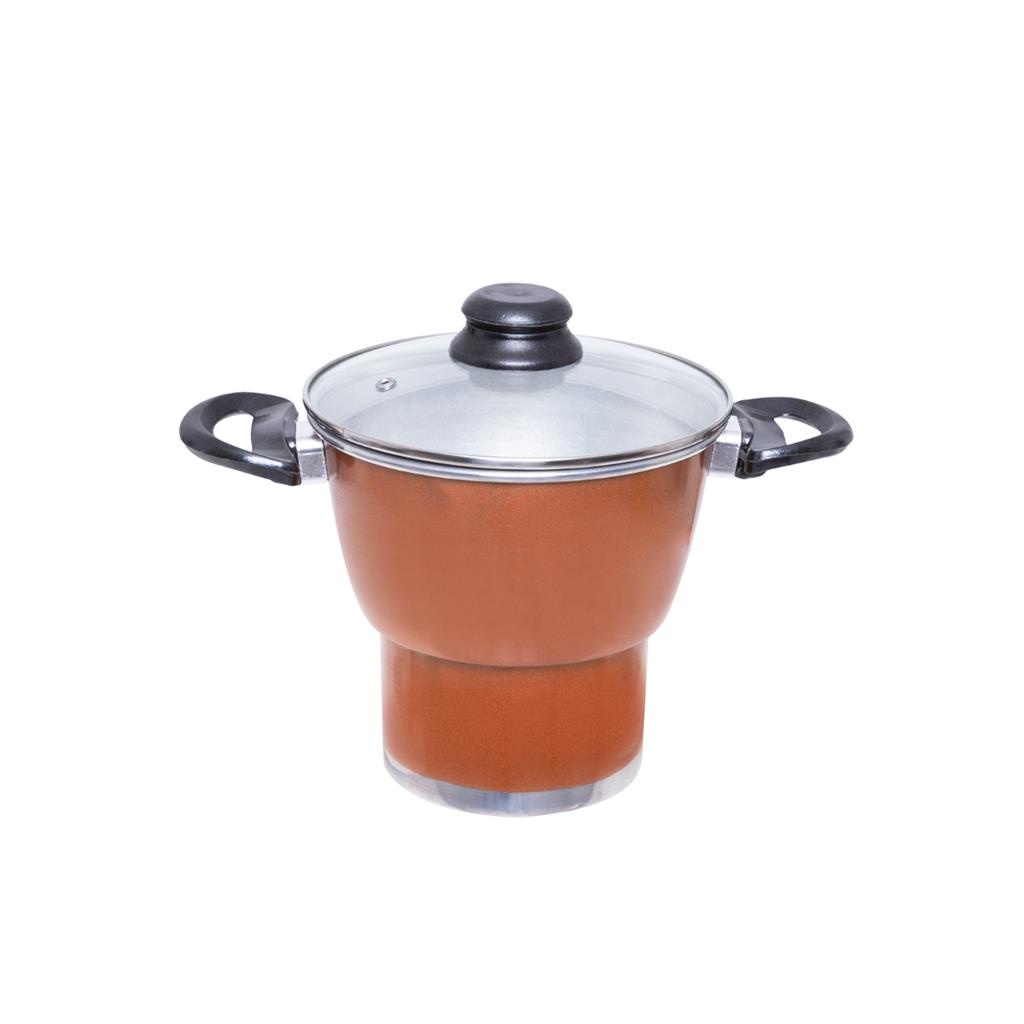 cuscuzeira tamanho familia No18 em aluminio com pintura eletrostatica cor cobre e tampa de vidro - Capacidade 2,8 Litros