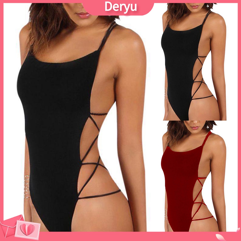 [deryu] Sexy Strappy Backless Women Cor Sólida Monokini Fato De Banho De Uma Peça
