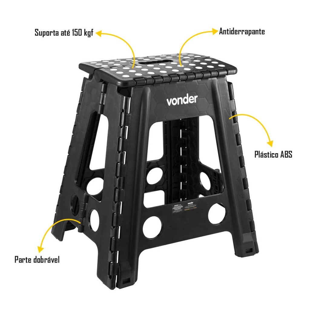 Banqueta Plástica Multiuso Dobrável 45cm Capacidade 150kg Vonder Preto · foto 2