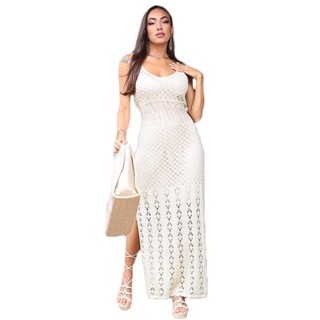 Vestido Feminino Longo Tricot Fenda Trico Festa Social Verão