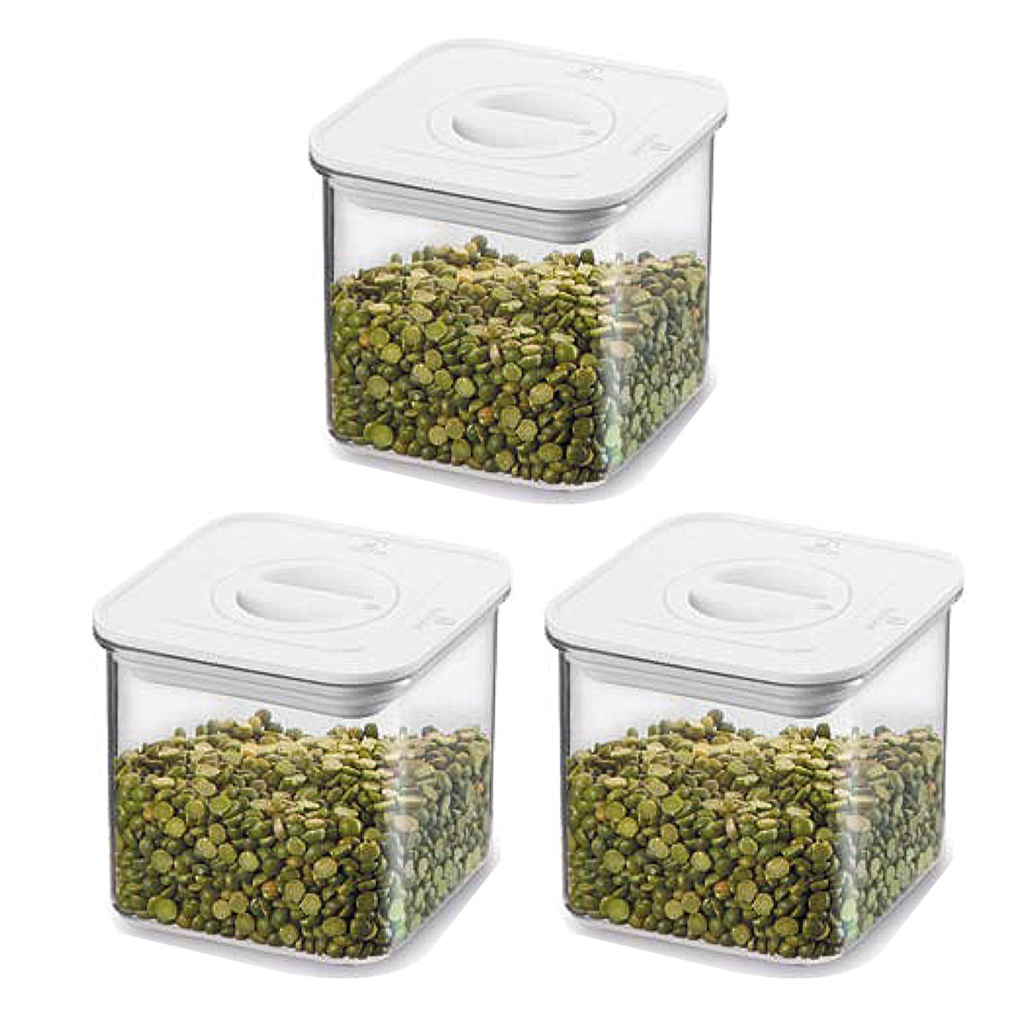 Kit 3 Potes Mantimento Quadrado Hermético 600ml Tampa Branca Com Trava Giratória Vedação Silicone Empilhável em Acrílico