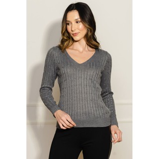 Suéter Feminino Tricot Gola V - Cinza