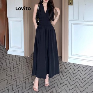 Lovito Elegante Vestido Feminino Liso Franzido LNE24103 (Preto)