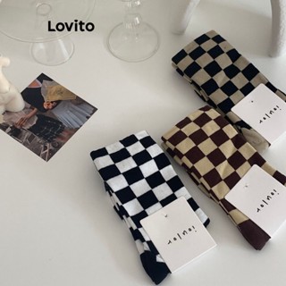 Lovito Meias Geométricas Casuais Xadrez Colorblock Para Mulheres LNA38189 (Cáqui/Café/Preto)