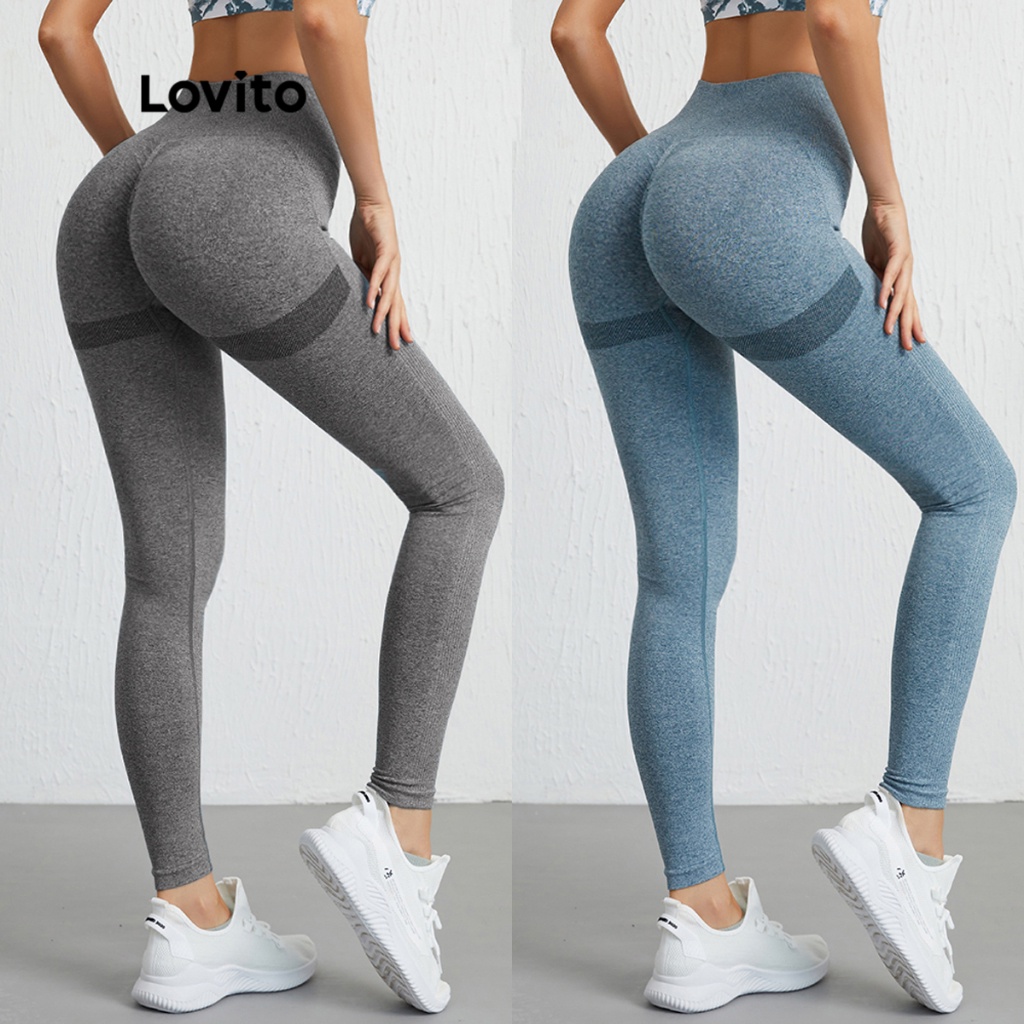 Lovito Leggings Esportivo Liso de Rápido Secagem Confortável e Desatado L09020 (Azul)