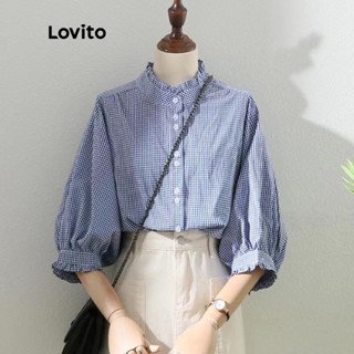 Lovito Casual Blusa Feminina Gingham de Manga 3/4 com Bainha Enrugada Botão Frontal e Gola LNA08030 (Azul)