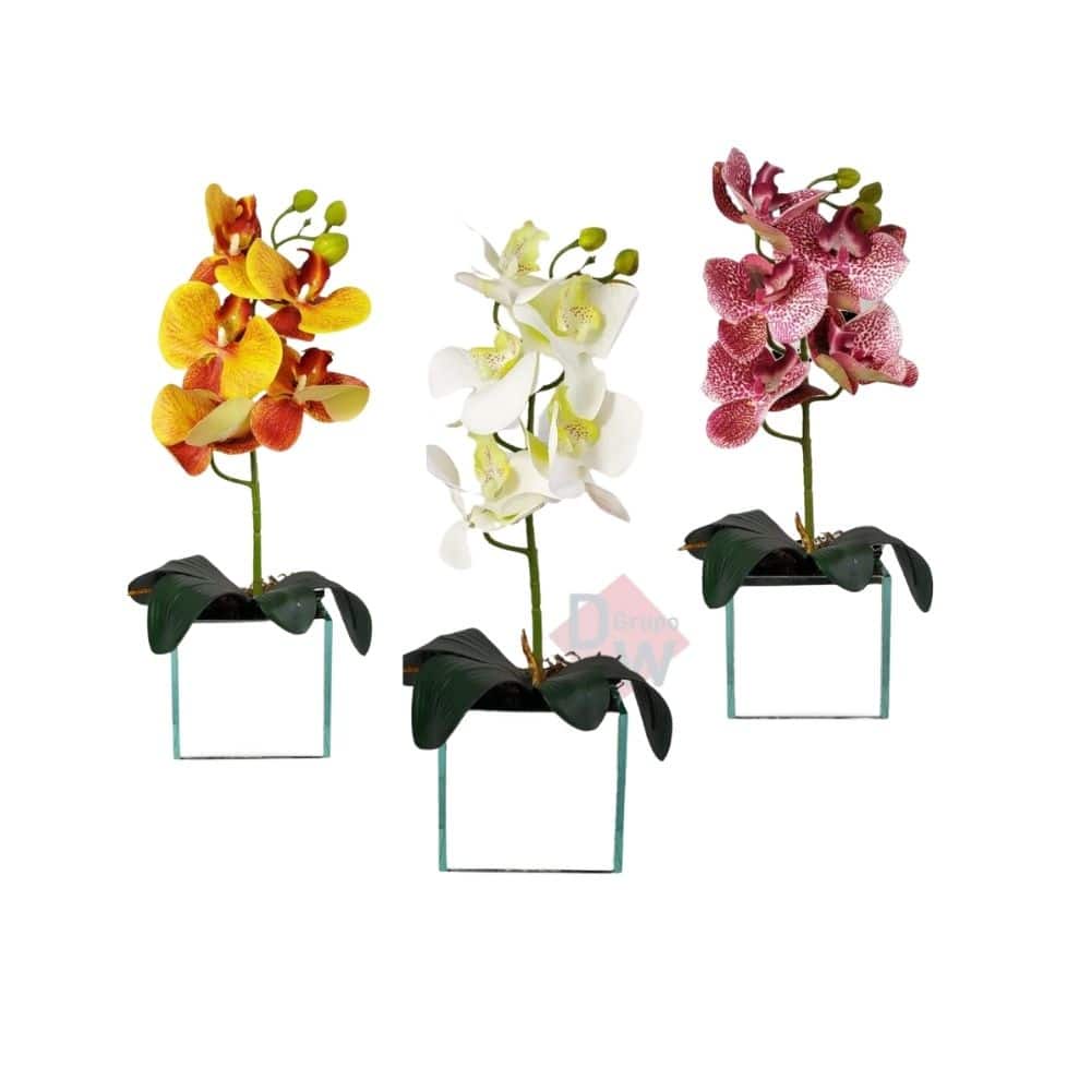 Arranjo de Orquídea Grande Artificial +Vaso Vidro Espelhado