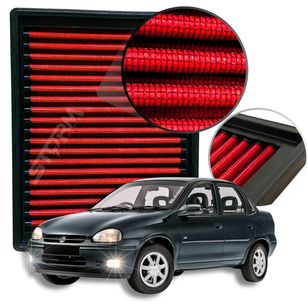 Filtro de Ar Esportivo Chevrolet Corsa motor 1.6 16v ano 1995 a 2006 GM GLS Sedan Wagon GSI Rs Filter Lavável Reutilizável  1996 1997 1998 1999 2000 2001 2002 2003 2004