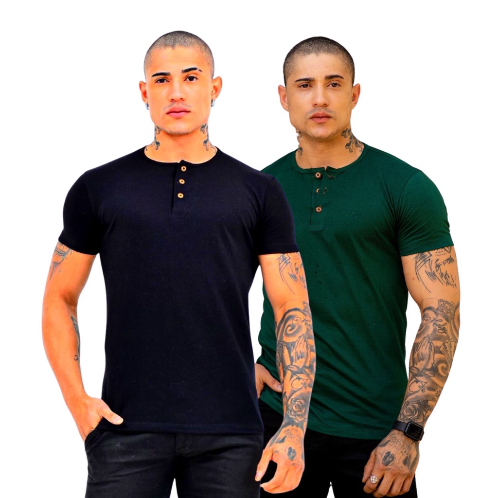 Kit 2 Henley Camisetas 3 Botões 100% Algodão 30.1 Portuguesa em Oferta na Shopee