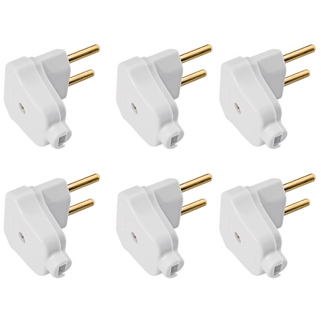 Kit 6 Plugues Angular Macho 2 Polos 10a 250v Branco Lateral