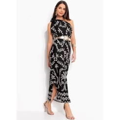 Vestido Em Malha De Viscose Barrado Coqueiros Quintess