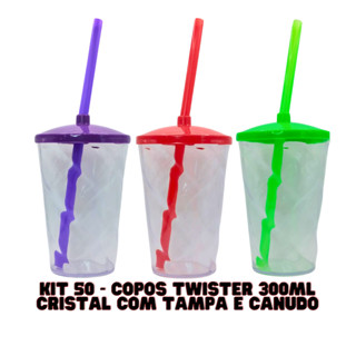 KIT 50 COPOS TWISTER 300ML CRISTAL COM TAMPA E CANUDO PARA FESTA ANIVERSÁRIO CASAMENTO em Oferta na Shopee