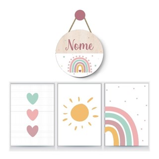 Kit Decorativo 3 Quadros + 1 Porta Maternidade Arco Íris Boho Chic Decoração De Quarto Men...