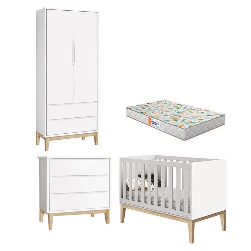 Quarto de Bebê 2 Portas e Cômoda Gaveteiro New Classic Branco com Pés Madeira Natural e Colchão Gazin – Reller