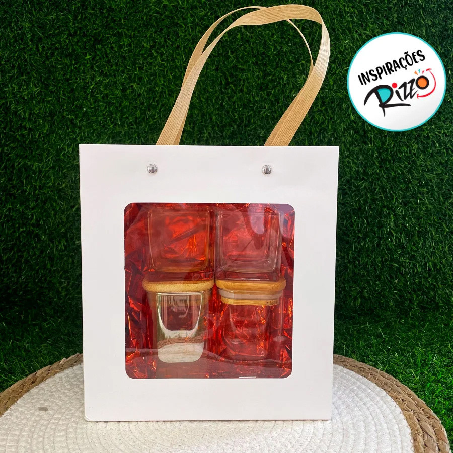 Sacola de Papel com Gaveta e Visor Alça Kraft 20x22x9cm - Branca - 10 unidades - Rizzo